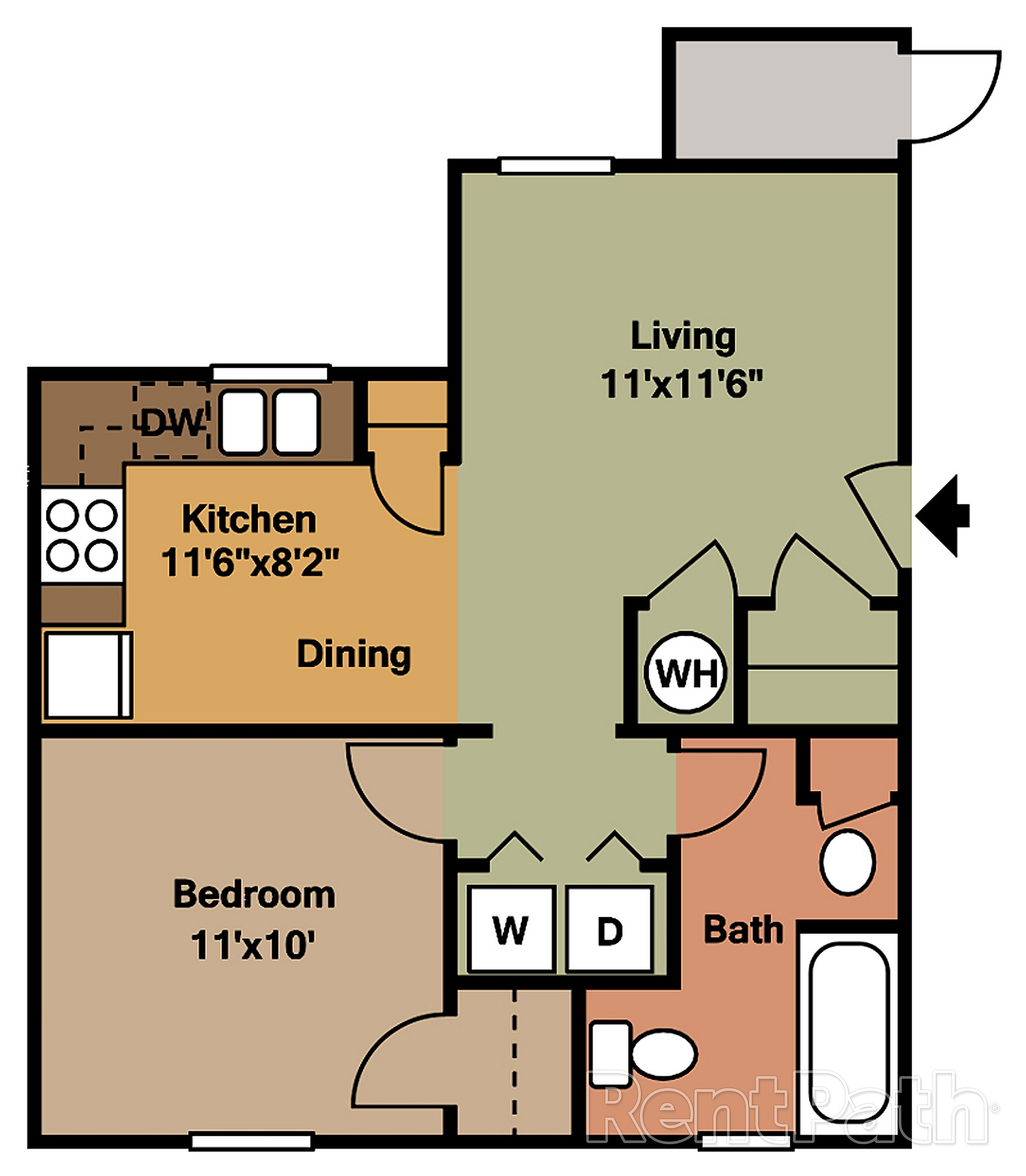 Inviting floor plan with 1 bedroom, modern kitchen, cozy living area, and convenient washer-dryer setup.