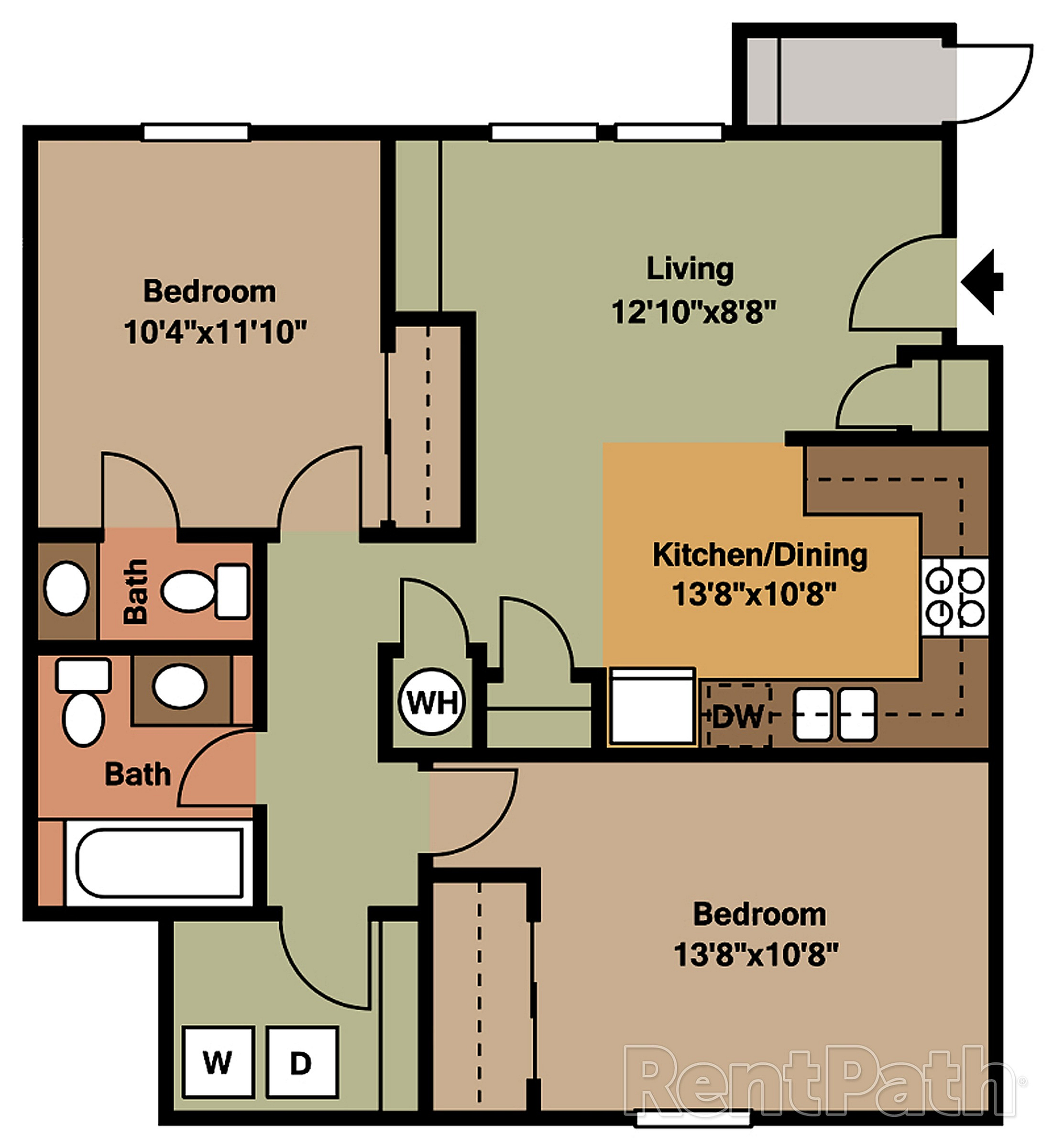 Inviting apartment floor plan showcasing 2 bedrooms, 2 elegant baths, spacious living area, and a modern kitchen/dining space. Ideal for contemporary living.