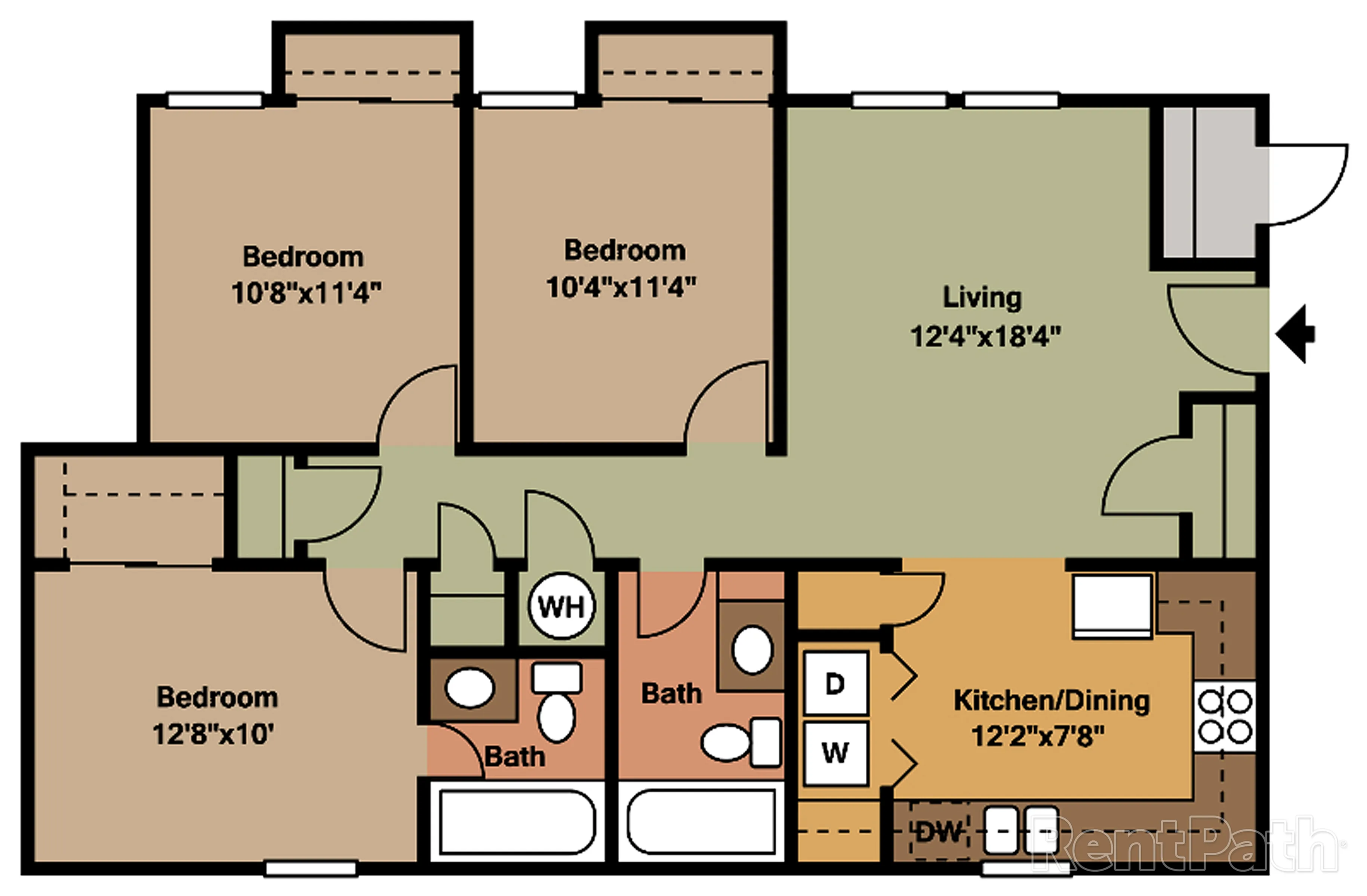 Charming floor plan showcasing 3 bedrooms, 2 bathrooms, and a spacious living area with an open kitchen/dining space, perfect for modern living.
