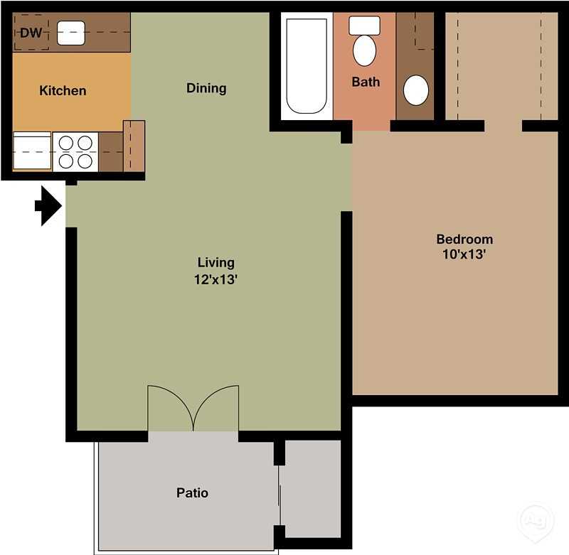 Chic floor plan showcasing a cozy 1-bedroom layout with an inviting living and dining area, efficient kitchen, and relaxing patio.