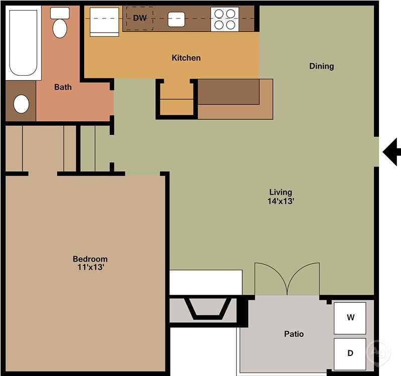 Inviting floor plan featuring a spacious 1-bedroom apartment with an open living and dining area, a modern kitchen, and a cozy patio.