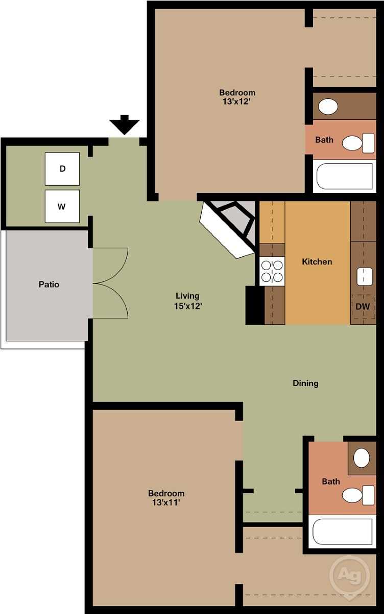 Modern floor plan showcasing 2 bedrooms, open living area, kitchen, dining space, 2 bathrooms, and a cozy patio.
