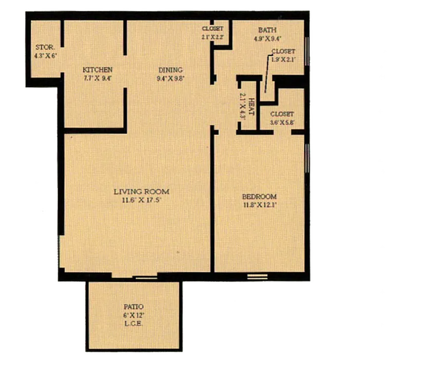 Charming floor plan featuring a spacious living room, cozy bedroom, functional kitchen, and a dining area. Includes a patio and ample closet space.