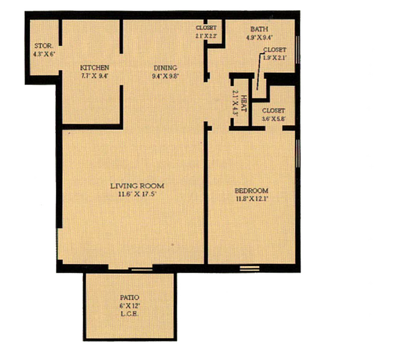 Charming floor plan featuring a cozy living room, one bedroom, and an open kitchen with a patio, perfect for modern urban living.