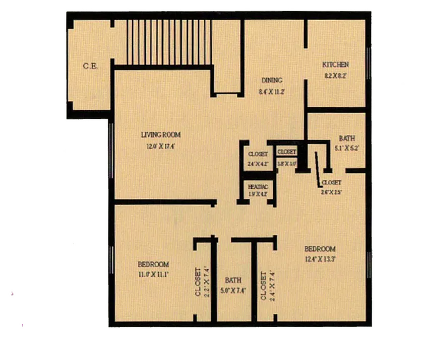 Charming floor plan showcasing 2 cozy bedrooms, a spacious living room, dining area, and a modern kitchen.