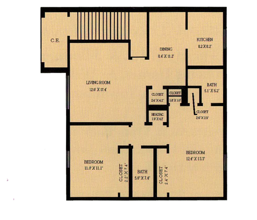 Charming floor plan highlighting 2 bedrooms, expansive living room, and efficient kitchen design.
