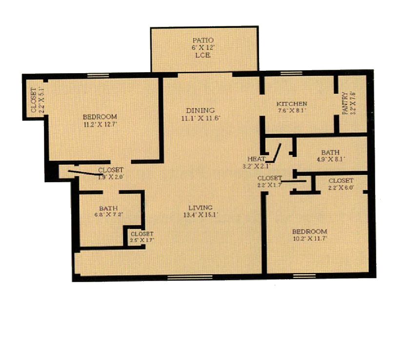 Charming floor plan showcasing two bedrooms, spacious living area, dining space, and a cozy kitchen. Includes patio access and ample closet storage.
