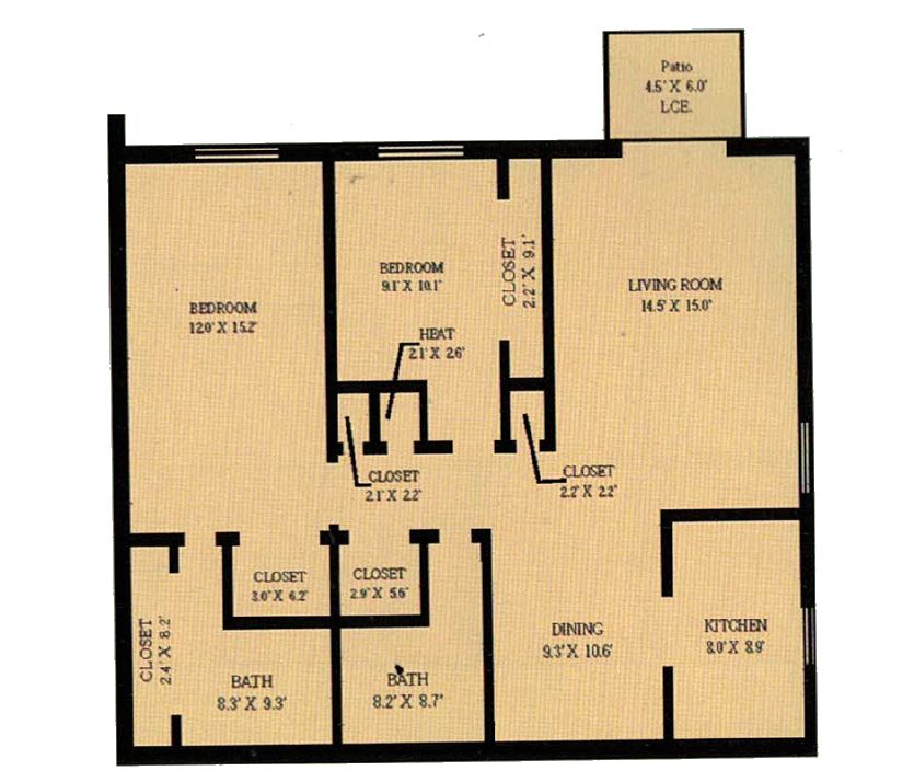 Modern apartment floor plan with three bedrooms, two bathrooms, spacious living room, and cozy kitchen. Includes dining area and a small patio for outdoor relaxation.
