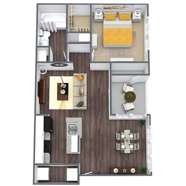 Modern 3D floor plan showcasing a luxurious one-bedroom apartment with open-concept living area, sleek kitchen, cozy dining space, stylish bathroom, and a serene balcony retreat.