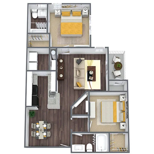 Charming 3D floor plan featuring 2 cozy bedrooms, elegant living area, modern kitchen, and ample storage space.
