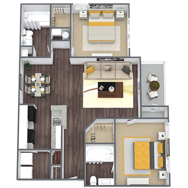 Modern 2D floor plan showcasing 2 bedrooms, a cozy living room, a dining area, and a sleek kitchen with adjacent outdoor patio.
