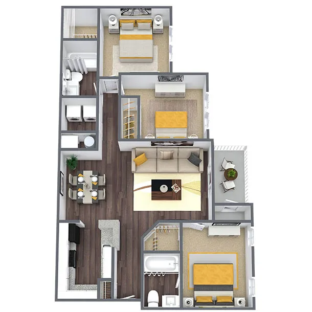 Modern 3D floor plan showcasing 3 bedrooms, elegant open living and dining area, contemporary kitchen, and private balcony.