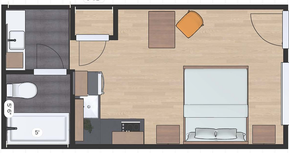 Contemporary 2D floor plan with a cozy bedroom, spacious bath, and functional kitchen area, perfect for modern living.