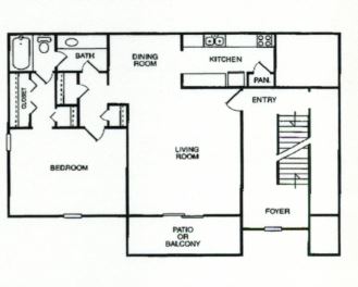 Charming floor plan showcasing a 1-bedroom apartment with a cozy living room, dining area, and kitchen. Features a bathroom, inviting patio or balcony, and convenient entry foyer.