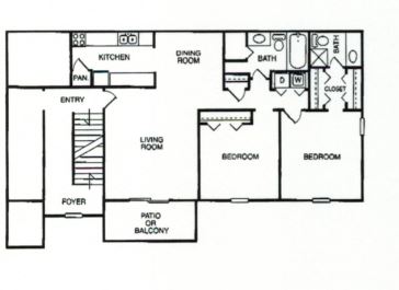 Inviting floor plan showcasing a modern layout with two bedrooms, a spacious living room, dining area, and a well-equipped kitchen. Includes patio or balcony access for enhanced outdoor living.