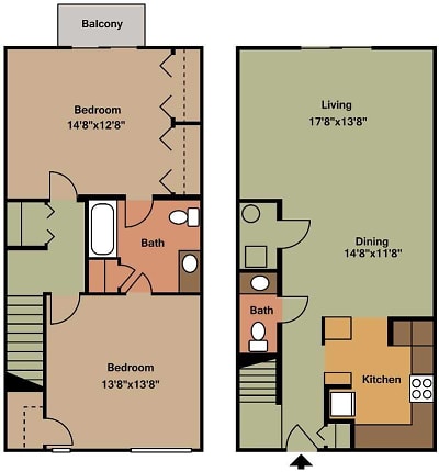 Charming two-level floor plan showcasing 2 spacious bedrooms, a cozy balcony, open living and dining area, and modern kitchen.