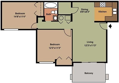 Charming floor plan showcasing 2 bedrooms, a cozy living room, dining area, and kitchen with a balcony view.