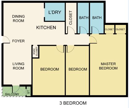 Contemporary 3-bedroom floor plan with a spacious kitchen, dining room, and two bathrooms. Includes a cozy living room and a balcony for relaxing outdoors.
