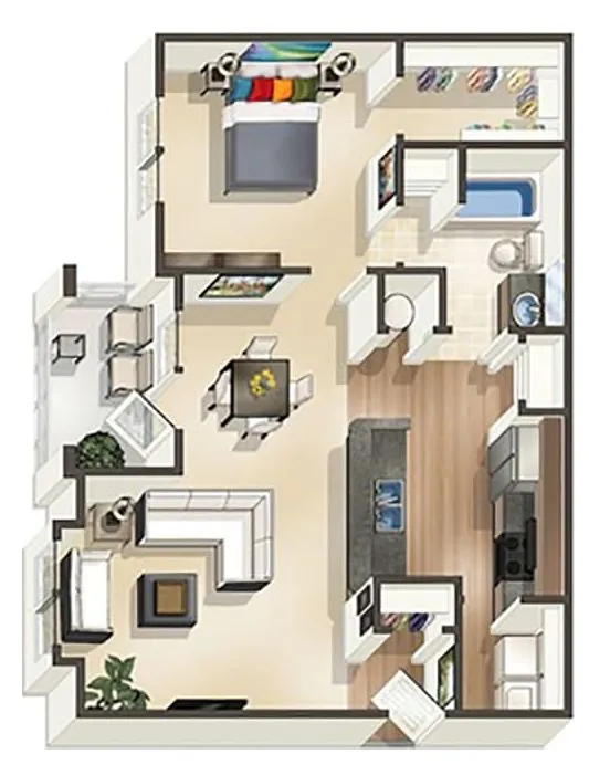 Modern one-bedroom apartment floor plan featuring an open-concept living and dining area, sleek kitchen with island, spacious bedroom, and stylish bathroom.