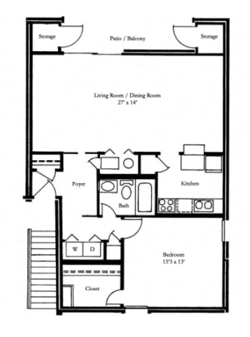 Elegant floor plan showcasing a spacious living room with a dining area, a modern kitchen, one large bedroom, and a cozy patio with extra storage.