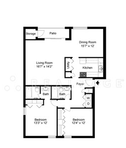 Contemporary floor plan showcasing 2 bedrooms, a spacious living room, dining area, modern kitchen, and patio.