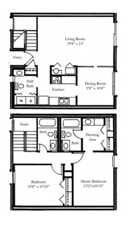 Elegant floor plan showcasing a spacious living room, modern kitchen, dining room, two bedrooms with baths, and a convenient entry with half bath.