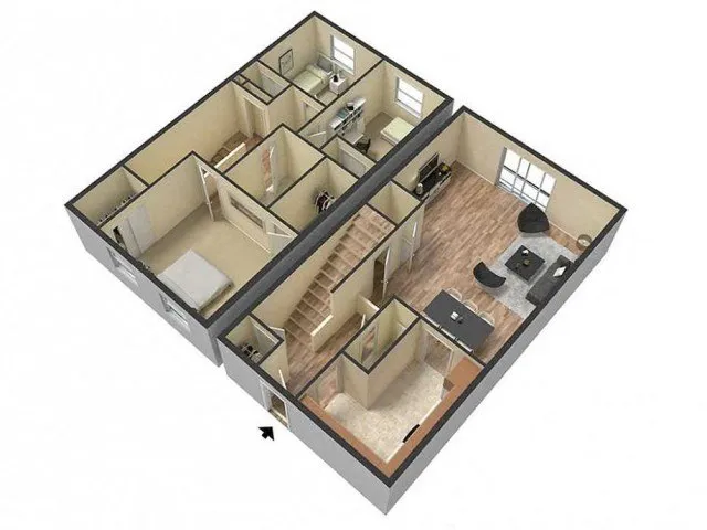 Chic 3D floor plan showcasing modern open living space, two cozy bedrooms, stylish kitchen, and inviting dining area with natural light.