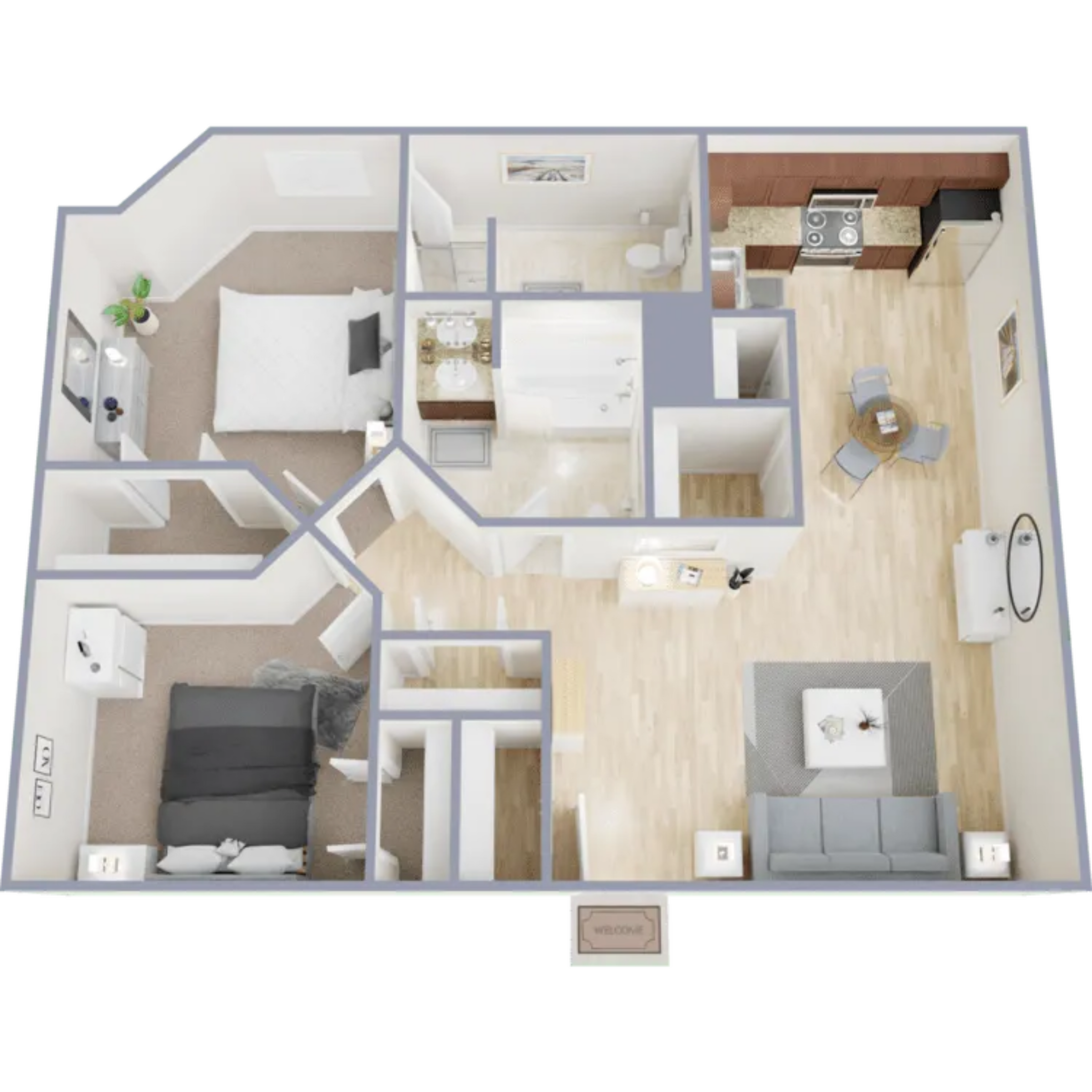 Chic 3D floor plan with 2 cozy bedrooms, modern kitchen, stylish bathroom, and inviting living-dining area for ideal urban living.