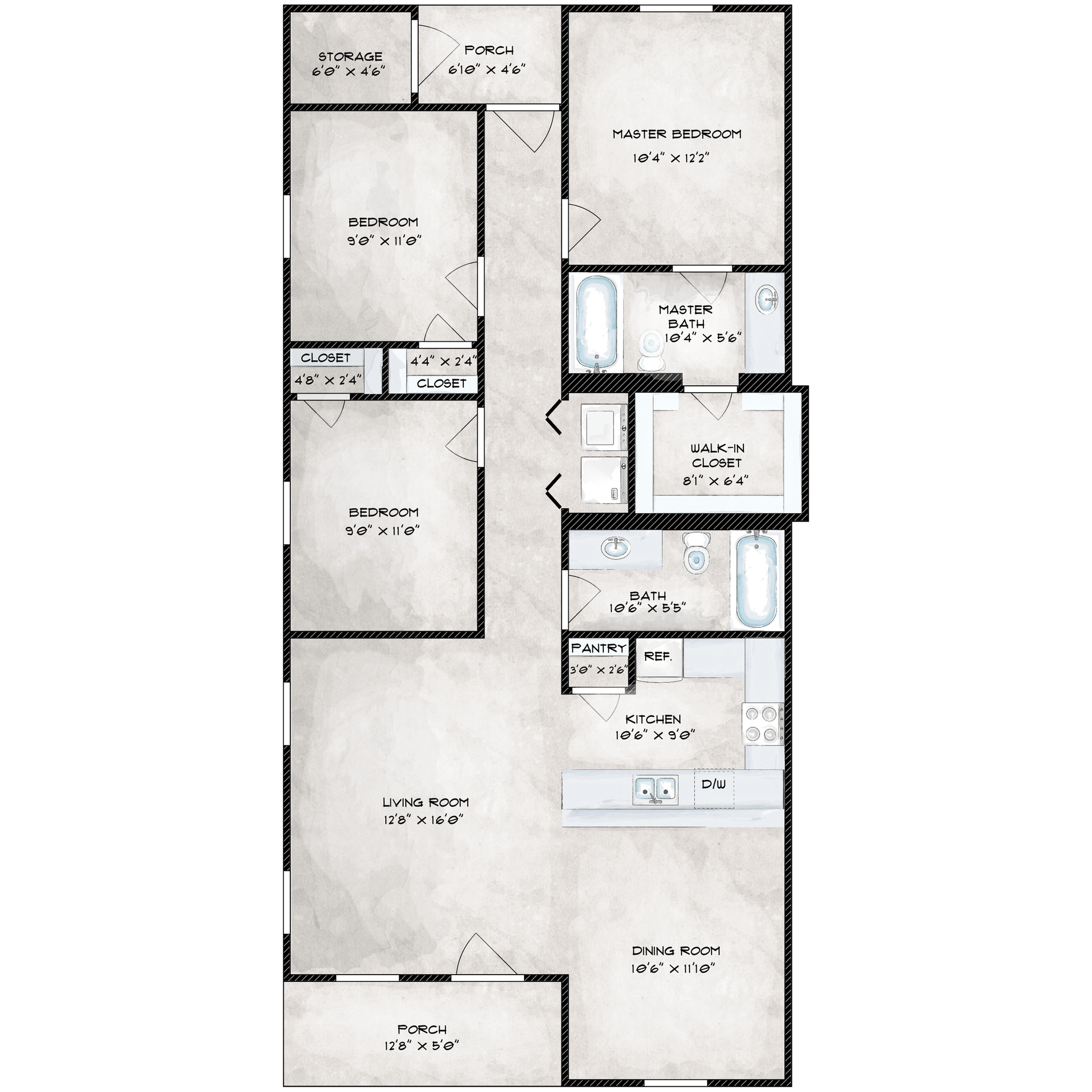 Elegant floor plan showcasing 3 bedrooms, spacious master suite, open kitchen with pantry, dining and living areas, and dual porches.