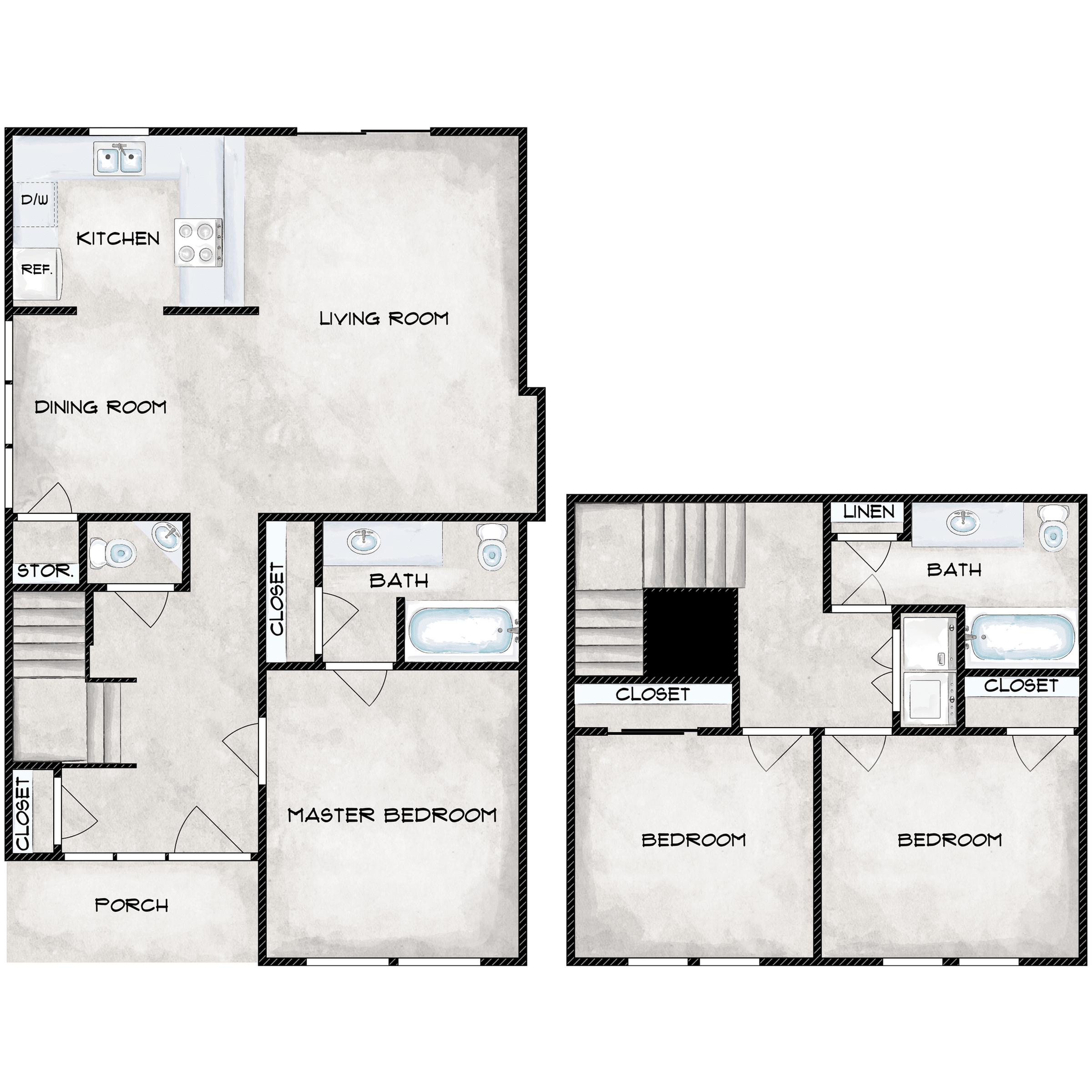 Modern two-story floor plan featuring a spacious living room, dining area, and kitchen on the main level, with a master bedroom and bath. Upstairs offers two additional bedrooms with a shared bath, ample closets, and storage space.