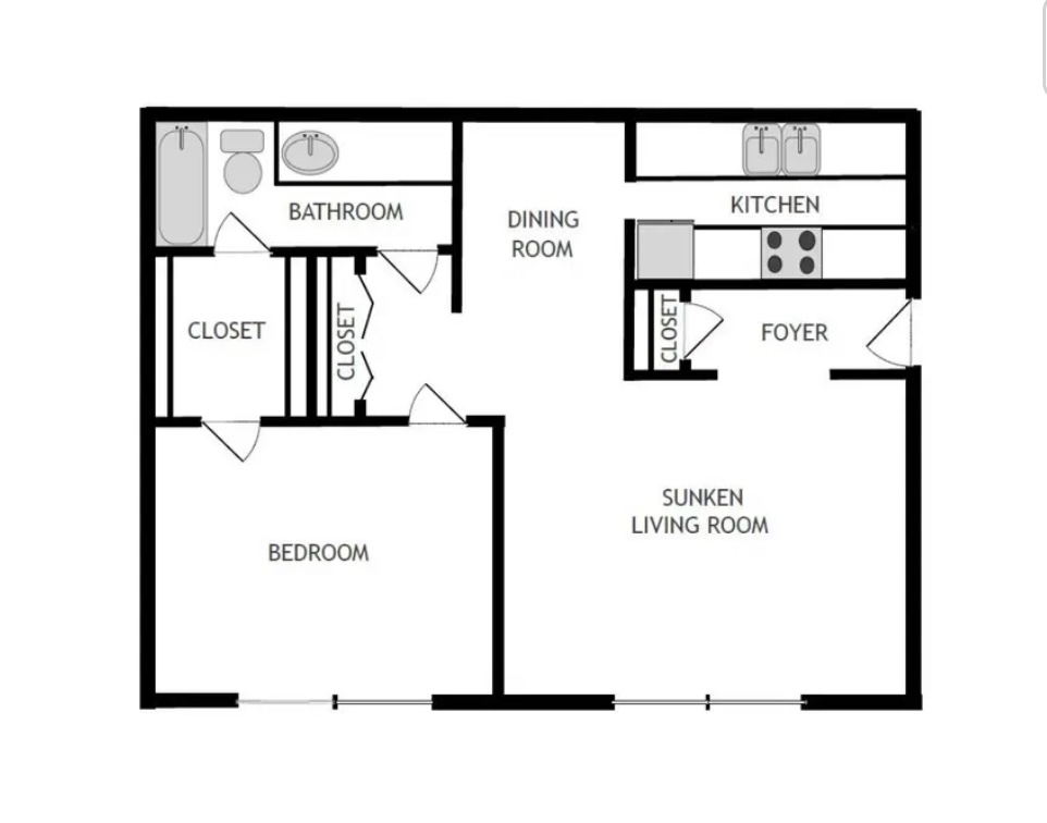 Elegant floor plan showcasing a one-bedroom layout with a spacious sunken living room, modern kitchen, dining area, and bathroom.