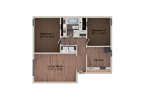 Modern floor plan featuring 2 bedrooms, a sleek kitchen, and a spacious living room.