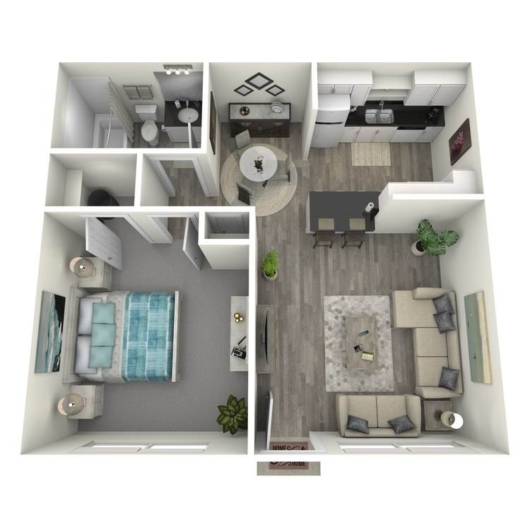 Modern 3D floor plan showcasing a cozy one-bedroom apartment with a sleek kitchen, inviting dining area, and a spacious living room.