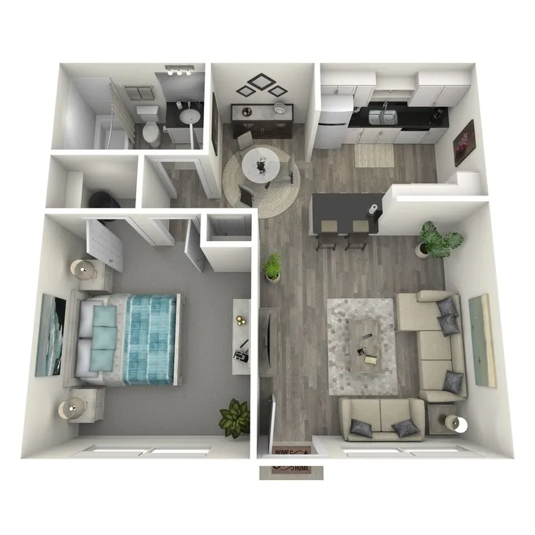 Modern 3D floor plan showcasing a cozy 1-bedroom apartment with an open living and dining area, stylish kitchen, and sleek bathroom.