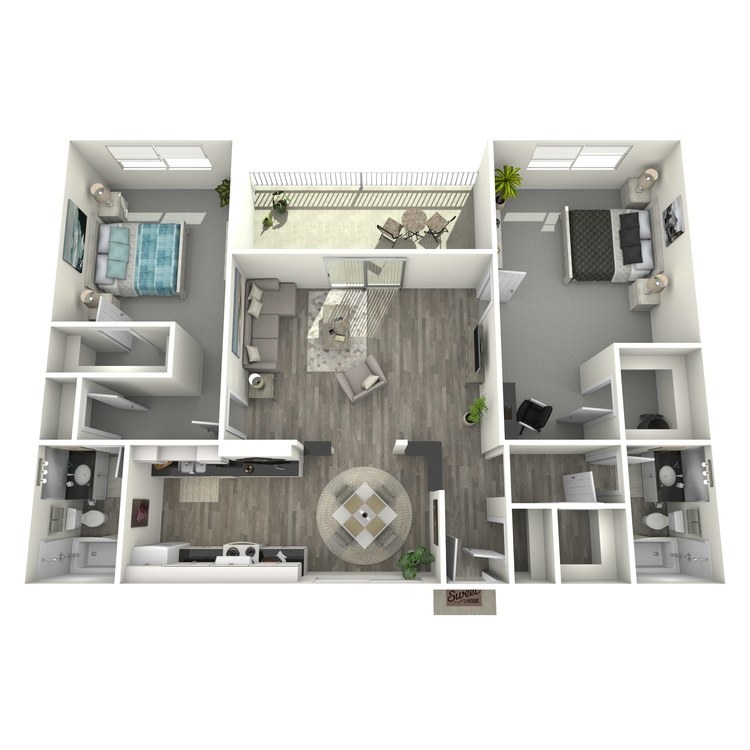 Modern 3D apartment floor plan featuring two elegant bedrooms, two bathrooms, a spacious living room, and a stylish open-concept kitchen with a cozy dining area. Includes a balcony for outdoor relaxation.