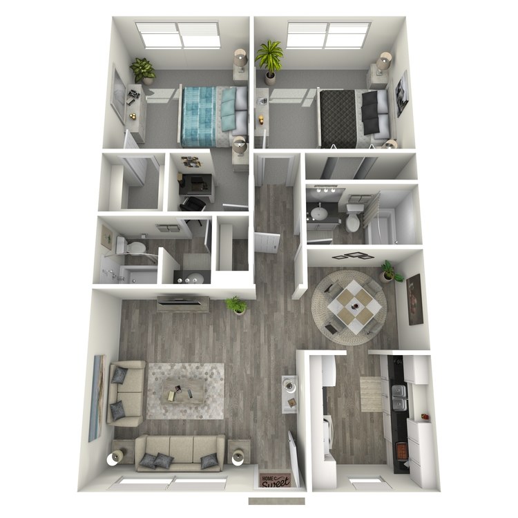Modern 3D floor plan showcasing 2 cozy bedrooms, a stylish living room, a contemporary kitchen, and a sleek dining area, perfect for urban living.