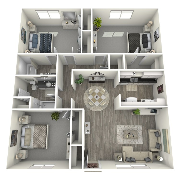 Modern 3D floor plan showcasing 3 bedrooms, a spacious open-concept living and dining area, and a sleek kitchen with ample storage.