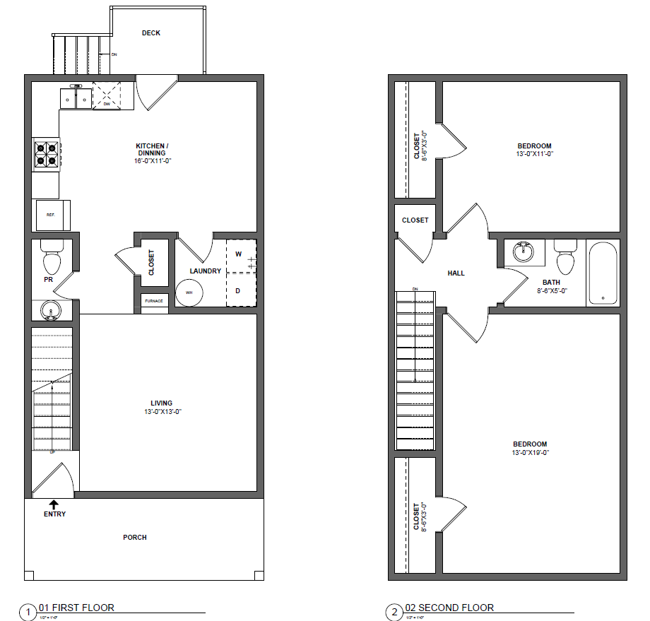 Modern two-story floor plan featuring open kitchen and dining area, spacious living room, two large bedrooms, and a private deck.