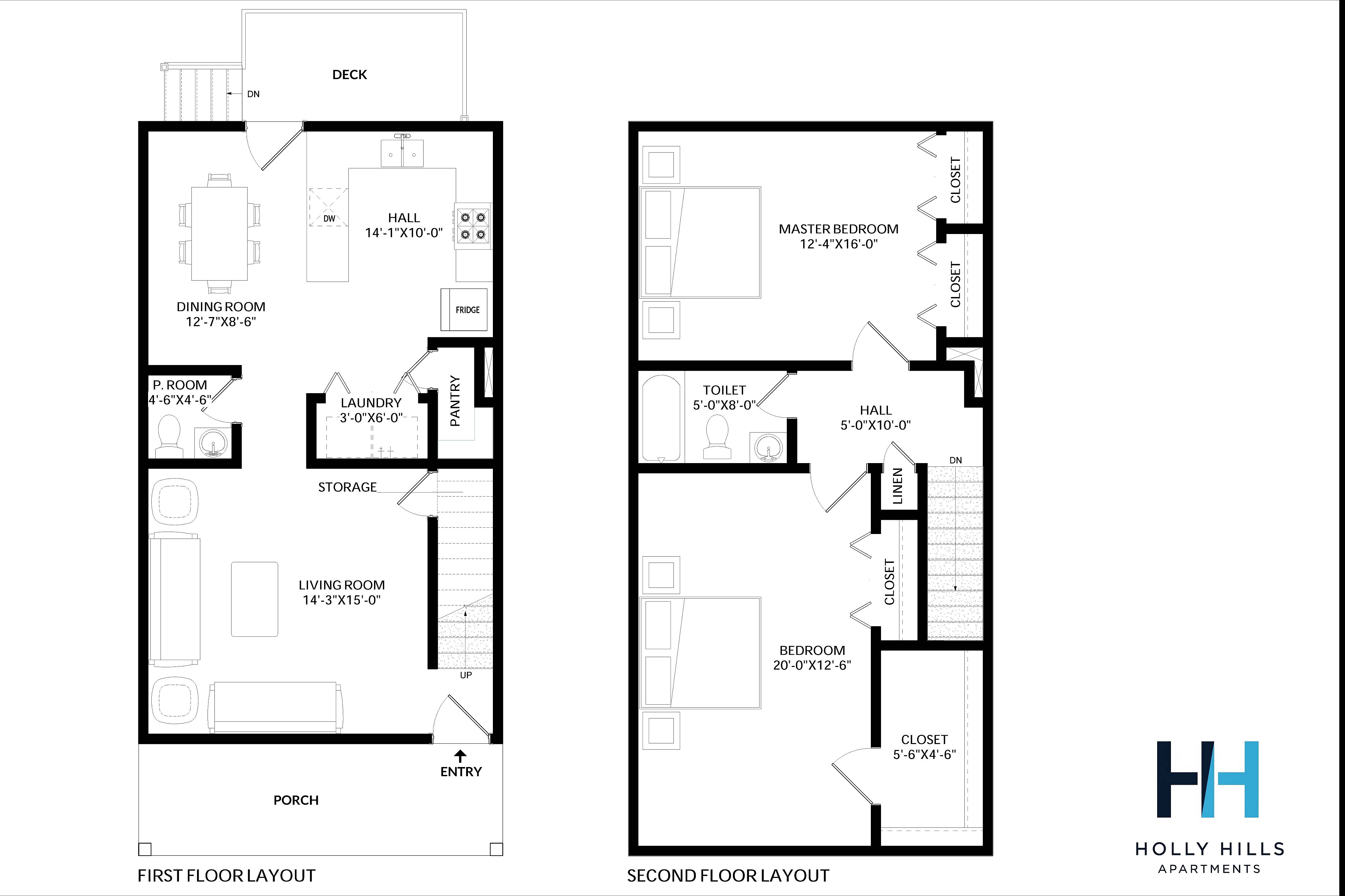 Contemporary two-floor apartment layout featuring a spacious living room, modern kitchen with dining area, two bedrooms including a master suite, convenient laundry, ample storage, and a welcoming porch and deck at Holly Hills Apartments.