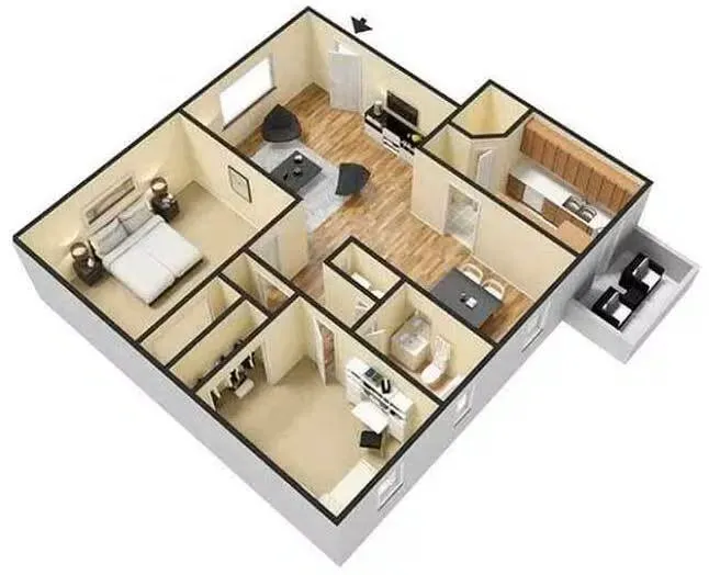 Modern 3D floor plan showcasing a cozy two-bedroom apartment with an inviting living area, elegant dining nook, and a fully-equipped kitchen.