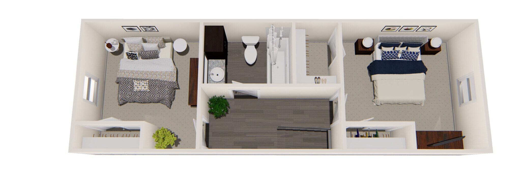 Modern 3D floor plan showcasing two spacious bedrooms, elegant bathroom, and open airy living space, perfect for urban living.