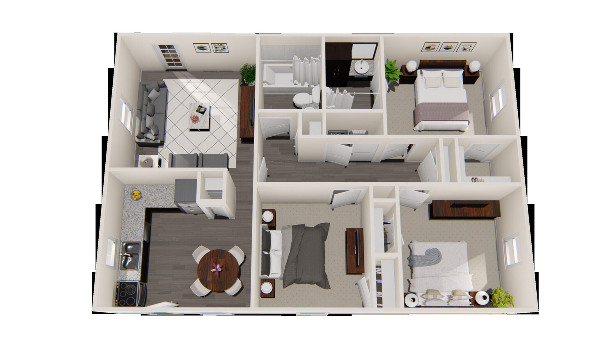 Charming 3D floor plan showcasing a spacious apartment with three cozy bedrooms, a modern open-plan kitchen, inviting living area, and two stylish bathrooms.