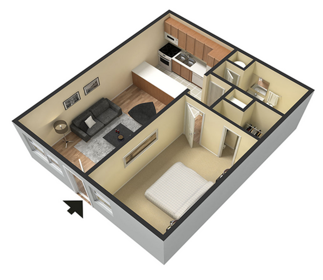 Inviting 3D floor plan featuring a cozy 1-bedroom layout with a modern kitchen, spacious living area, and convenient bathroom.
