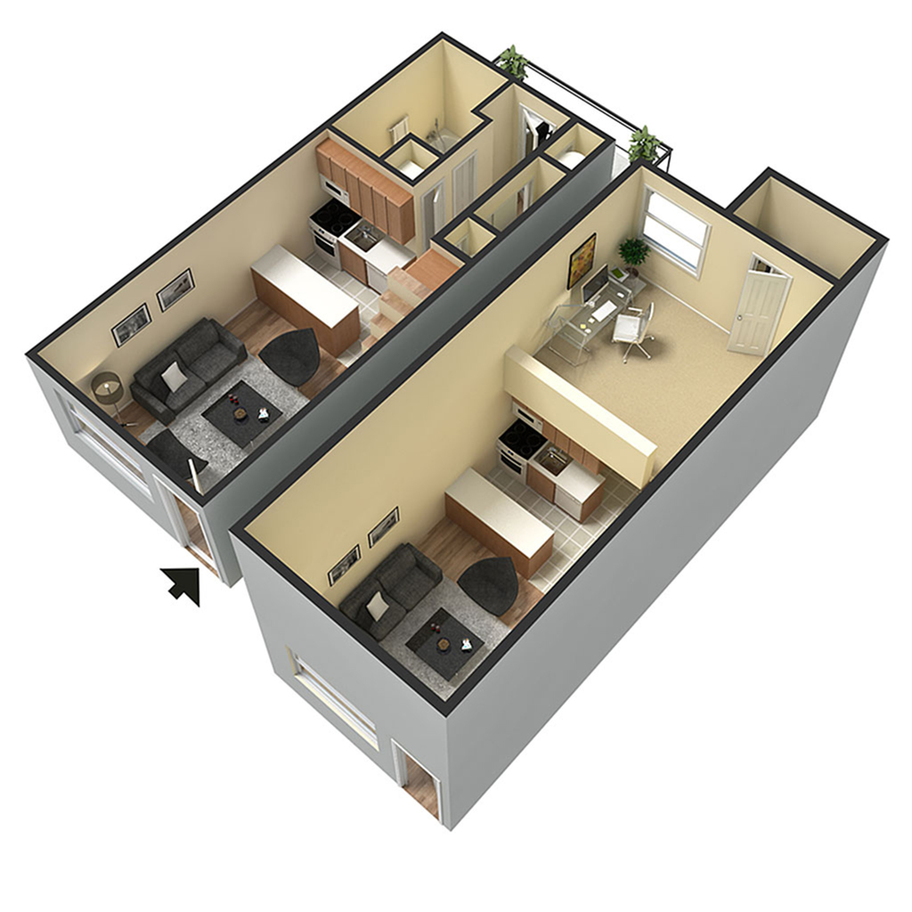 Modern 3D floor plan featuring a stylish open-concept layout with a living room, sleek kitchen, and cozy bedroom.