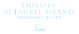Elegant logo for Odyssey at Laurel Island Apartment Homes featuring a serene sailboat design in soothing blue hues.