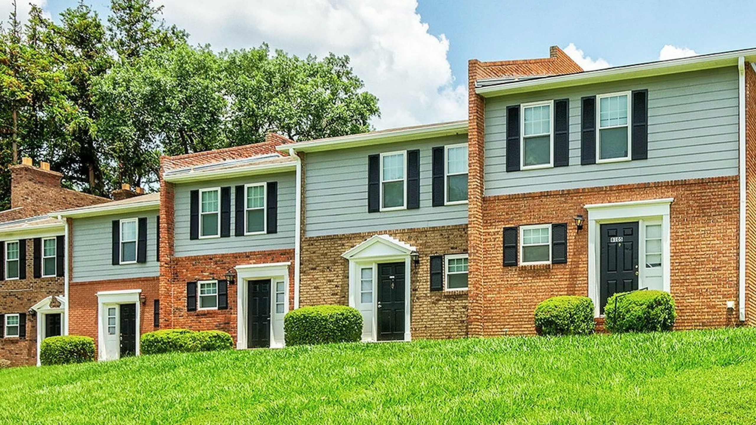 Charming townhouse row with brick and siding exterior, surrounded by lush greenery and a serene setting.