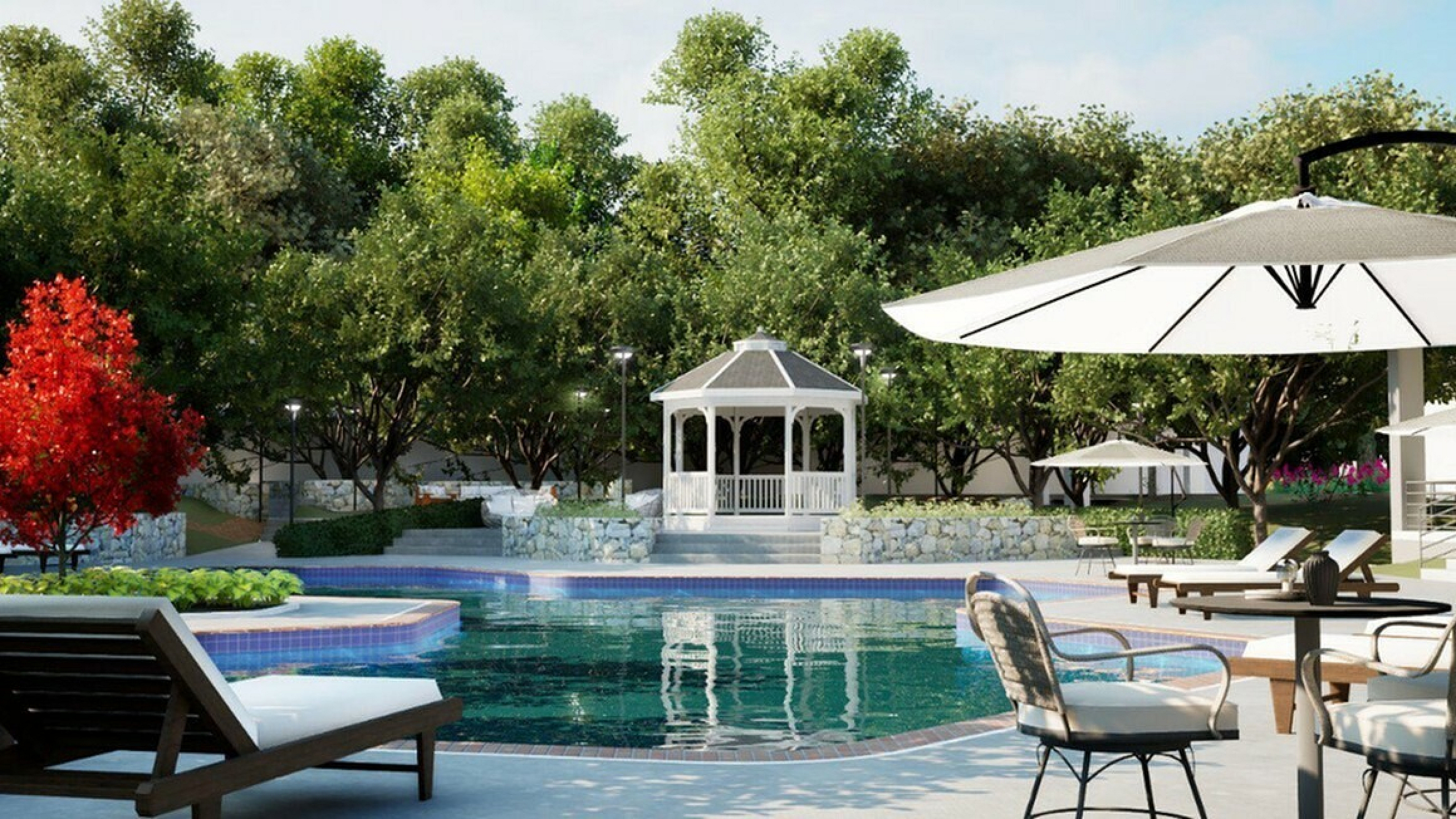 Luxurious outdoor pool area featuring elegant loungers, a charming white gazebo, and lush greenery, perfect for relaxation and leisure.