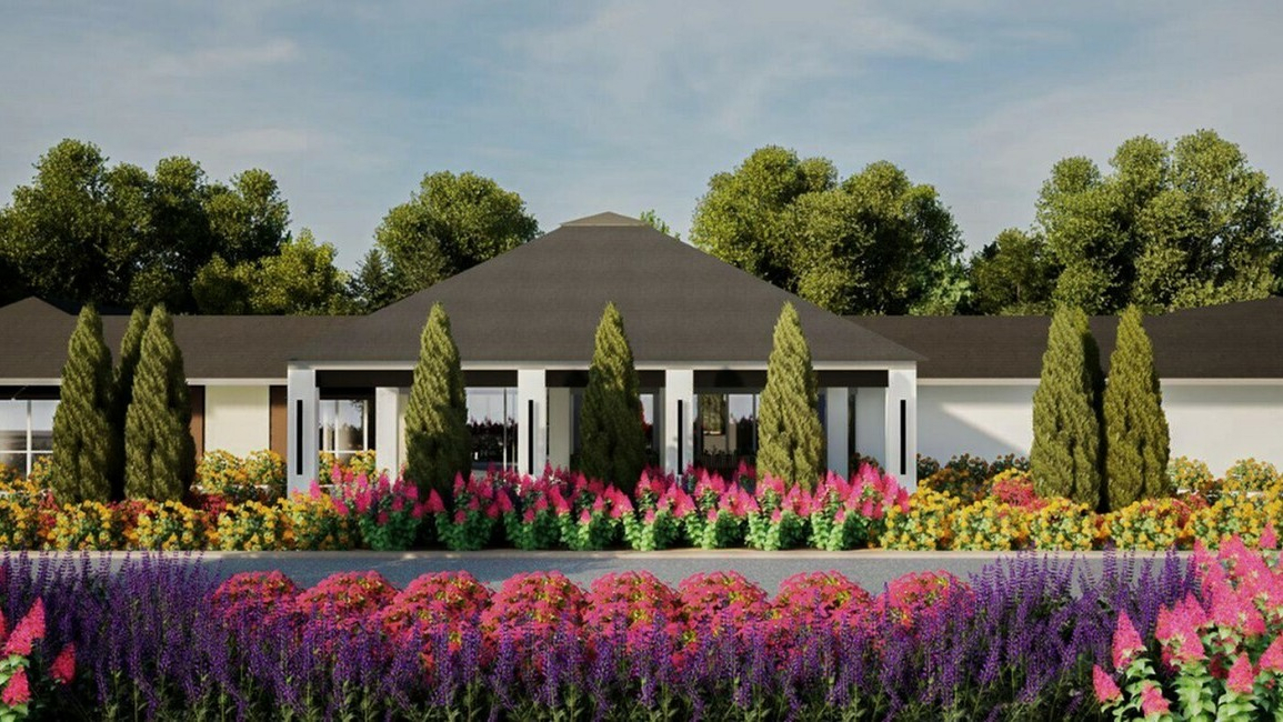 Charming single-story home with lush landscaped gardens and colorful flowers enhancing curb appeal.