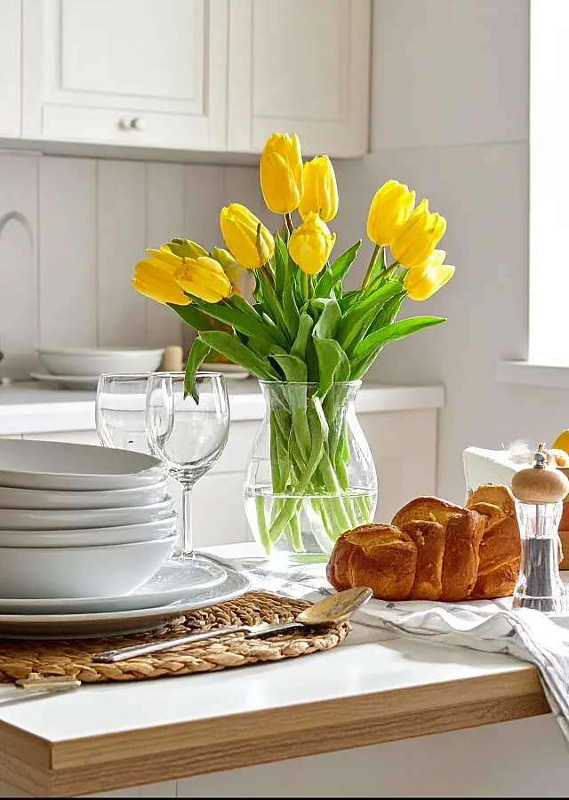 Inviting kitchen with bright yellow tulips, elegant white dishware, and fresh fruit on a sunny countertop.