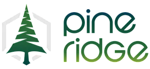 Elegant Pine Ridge logo featuring a stylized green pine tree within a hexagonal frame.